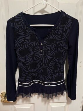 Navy Floral Pattern Long-Sleeve Peplum Top